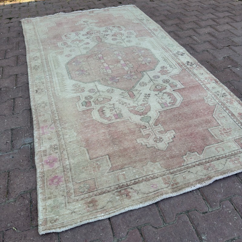 4x8 Faded Blush Wool Vintage Turkish Handmade Living Room Area Rug - Tariff Free gallery