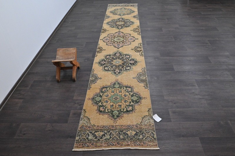 Vintage Turkish Runner Rug 2x13ft Wool Anatolian Handmade Hallway Oushak BEIGE gallery