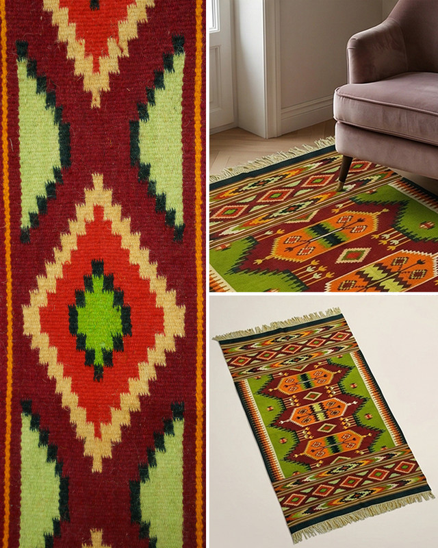 Romanian Oltenian Kilim Rug Handwoven 100% Wool Geometric Olive Green 1970s 8x6f gallery