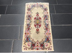 Antique Style Kirman Wool Rug 2’x4′ | Pastel Floral Medallion Ivory Blue Pink