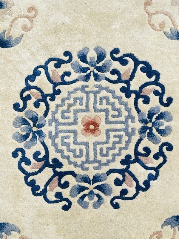 Gorgeous C1960 Hand Tied Sculpted Chinese Blue & White Peking Style Wool Rug gallery