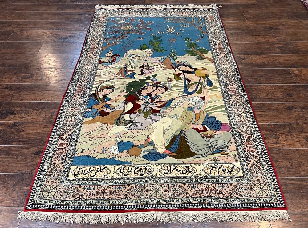 Very Fine Authentic Pictorial Rug 5x7 Handmade Vintage Wall Hanging Wool Carpet