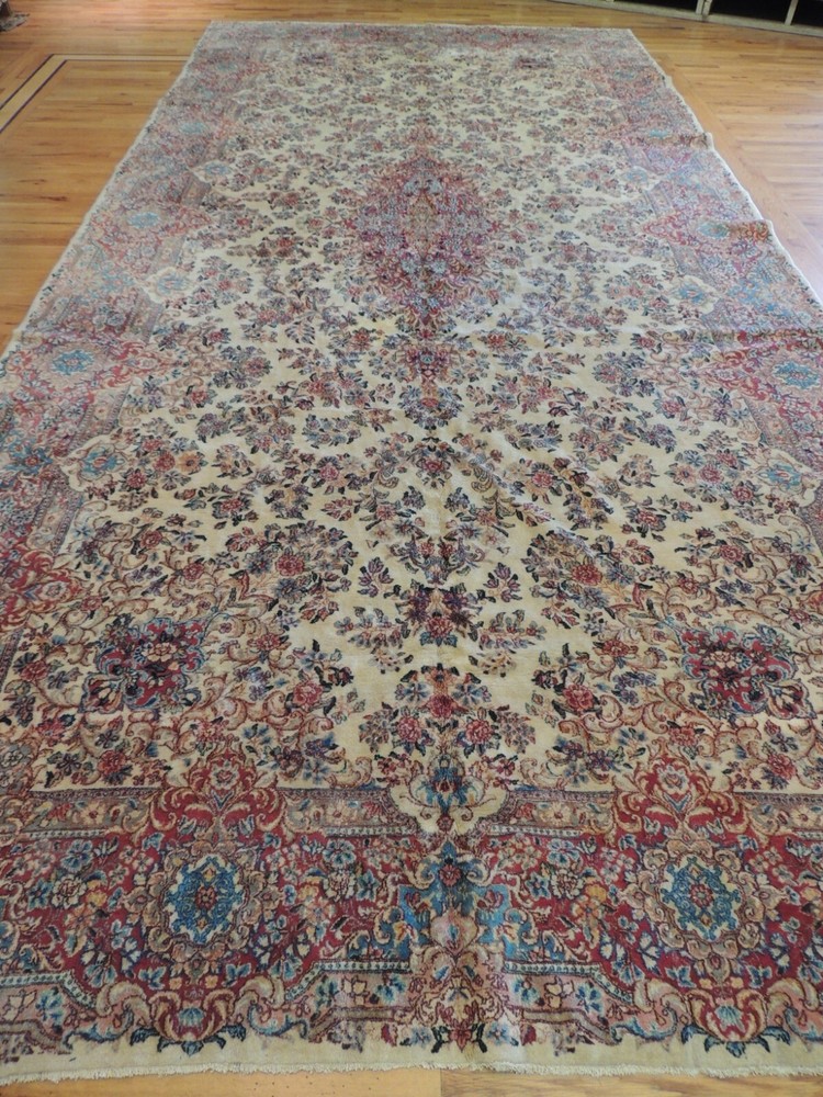 8x18 Antique Oversize/Palace size SIGNED! Kermaan Oriental Area Rug Blue Red