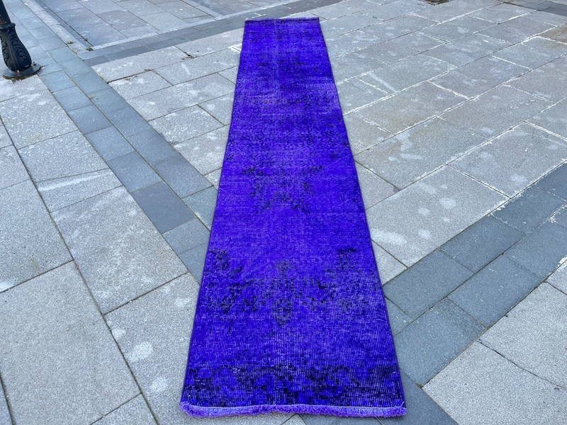 Overdyed 2x10.2 ft Vintage Turkish Runner Rug – Vibrant Purple Skinny Runner gallery