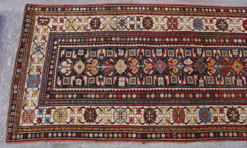 Phenomenal 1880sAntique Caucasian Gendje Hand-Knotted Wool Runner Rug 3'8" x 9' gallery