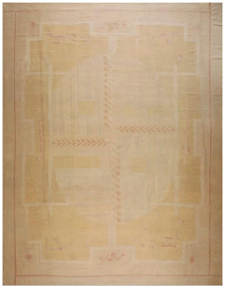 Antique French Art Deco Aubusson Rug 12'10"×16'8" Ivory Geometric Abstract