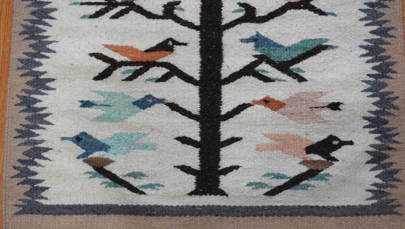 2' 3" x 3'4" Hand Woven Wool Tree of Life Birds Navajo Mexican Vintage Rug gallery
