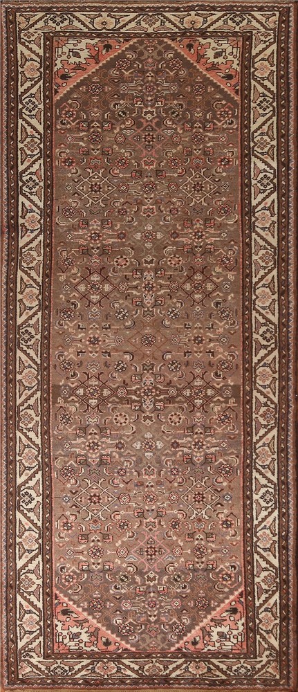 Geometric Brown Wool Runner Rug 4x10 Hand-knotted Vintage Traditional Nomad Rug
