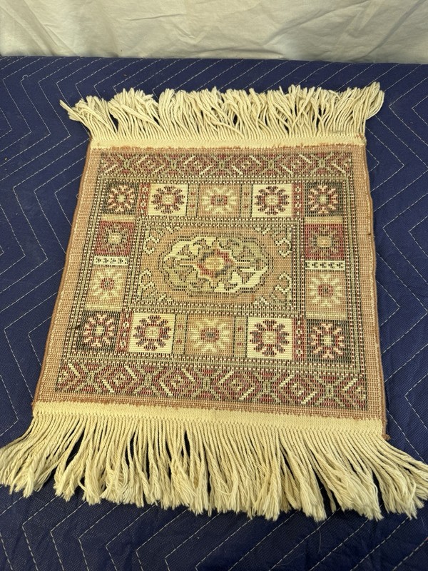 Vintage Miniature Oriental Style Medallion Rug Mat Fringe Red Cream 11" x 12" gallery