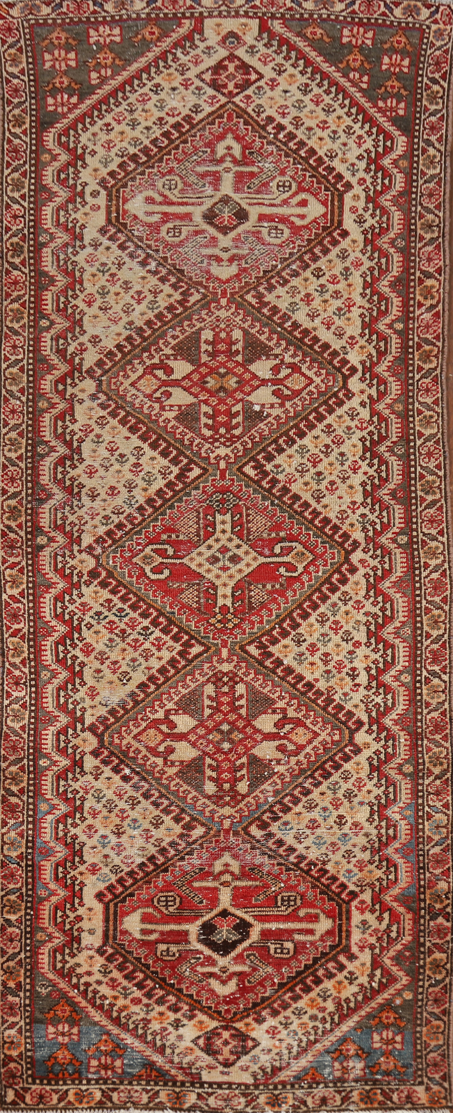 Vintage Tribal Traditional Handmade Geometric Runner Ivory/ Red Wool Carpet 3x10 gallery