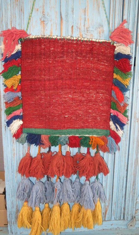 VINTAGE HAND KNOTTED TAPESTRY WOOL CARPET SALT BAG HANGING TASSELS gallery