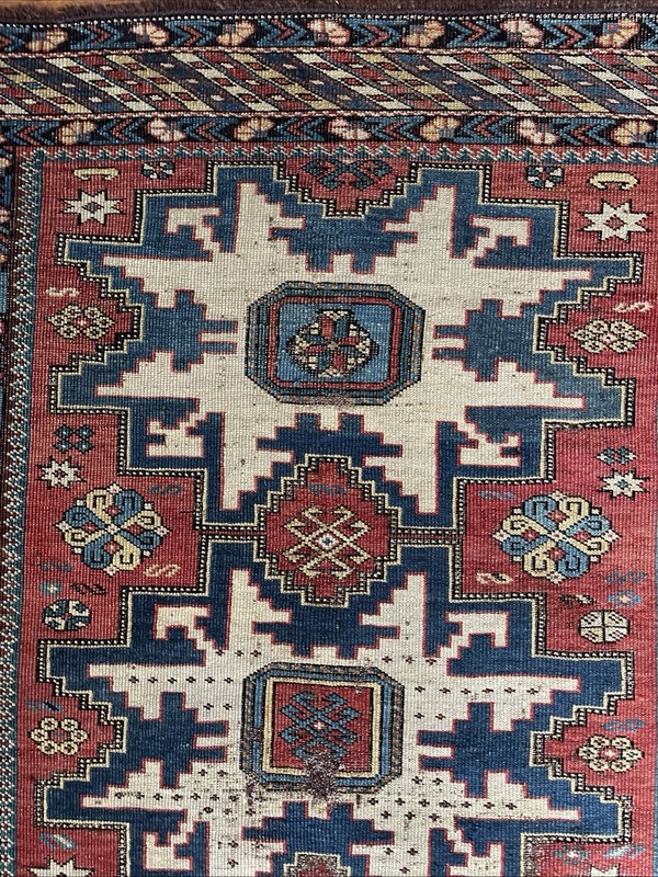 1840’s-1860’s Antique Caucasian Kuba Lesghi Star Rug 3x4 Ivory Blue Bronze Rose gallery