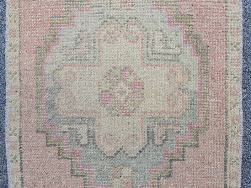 Vintage Turkish Oushak Rug 1.3x2.8 Hand Knotted Wool Pink Blue Cream Boho gallery