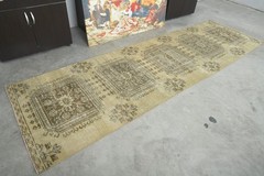 handmade neutral vintage turkish runner rug 3×10 oushak long runner carpet,105