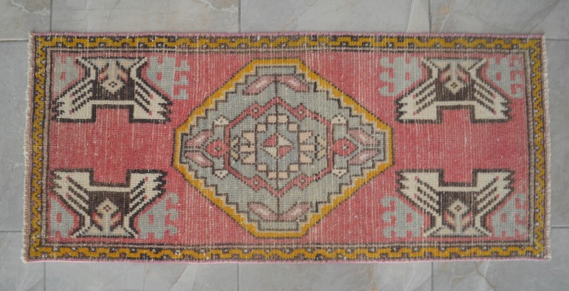 Vintage Distressed Small Area Rug Hand Knotted Oushak Rugs Yastik - 1'7" x 3'7" gallery