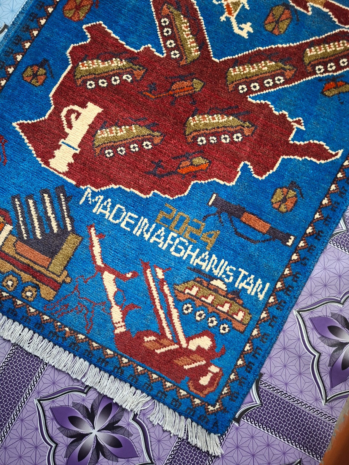 M131 Vintage Afghan War Rug 9/11 Handmade Wool Pictorial Tribal Rug 79 ×64 Cm gallery