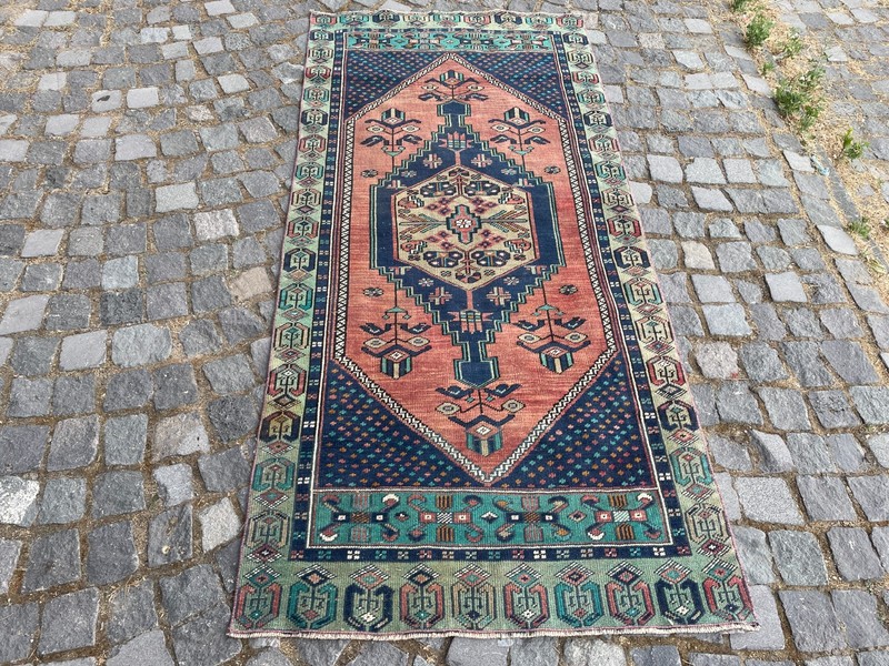 Bohemian Area Rug Handmade Wool Rug Turkish Vintage Traditional Rug 3,2 x 7,1 ft gallery