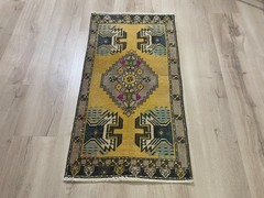 Vintage Turkish Small Rug 1.6×3.1 Ft Hand Knotted Wool Entryway Yellow Carpet