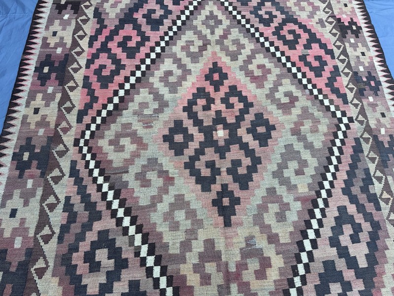 Vintage Afghan Kilim Rug, 7x10 Turkish Faded Geometric Tribal Bedroom Area Rug gallery