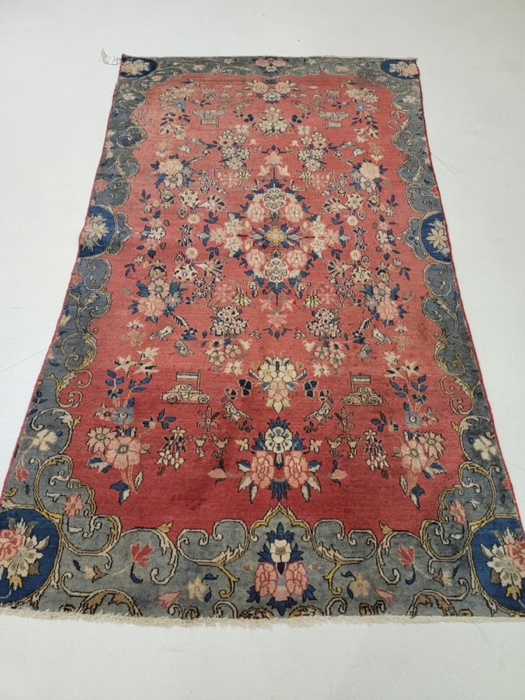 Antique Oriental Hand-Knotted Wool Area Rug Collectible Red/Blue 3'7" x 6'5"