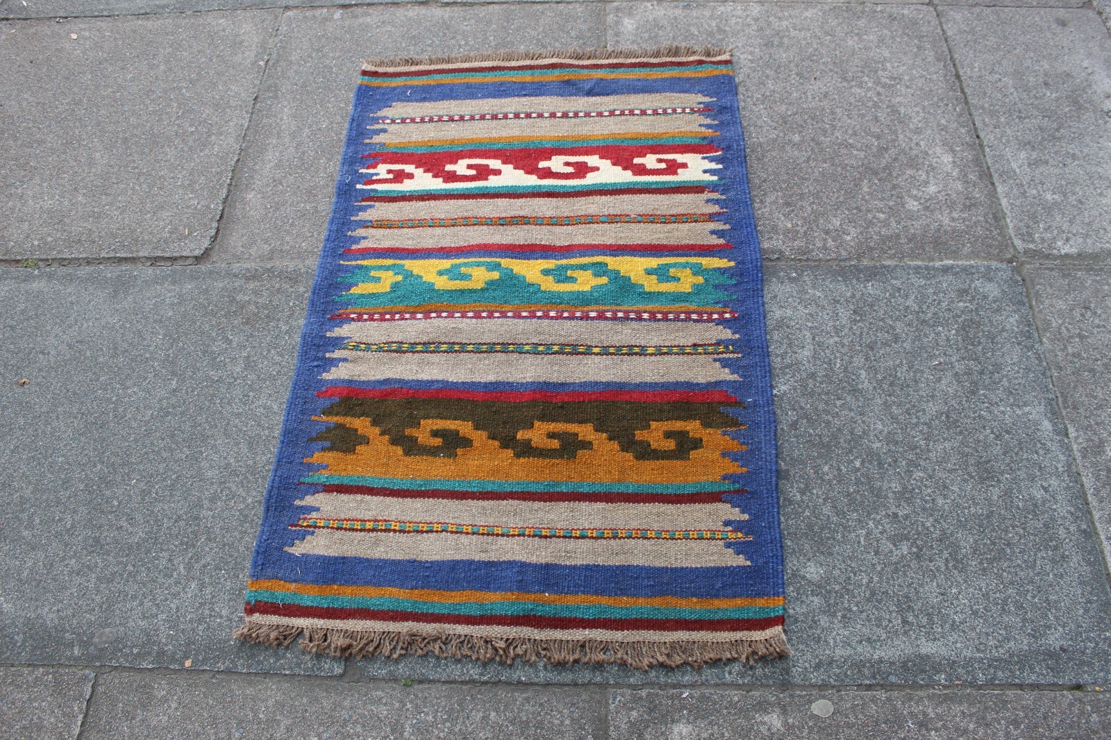Vintage Traditional Hand Made Oriental Wool Blue Brown Small Kilim 98x63cm gallery