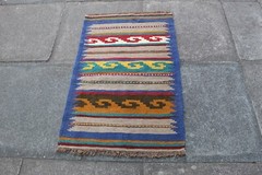 Vintage Traditional Hand Made Oriental Wool Blue Brown Small Kilim 98x63cm