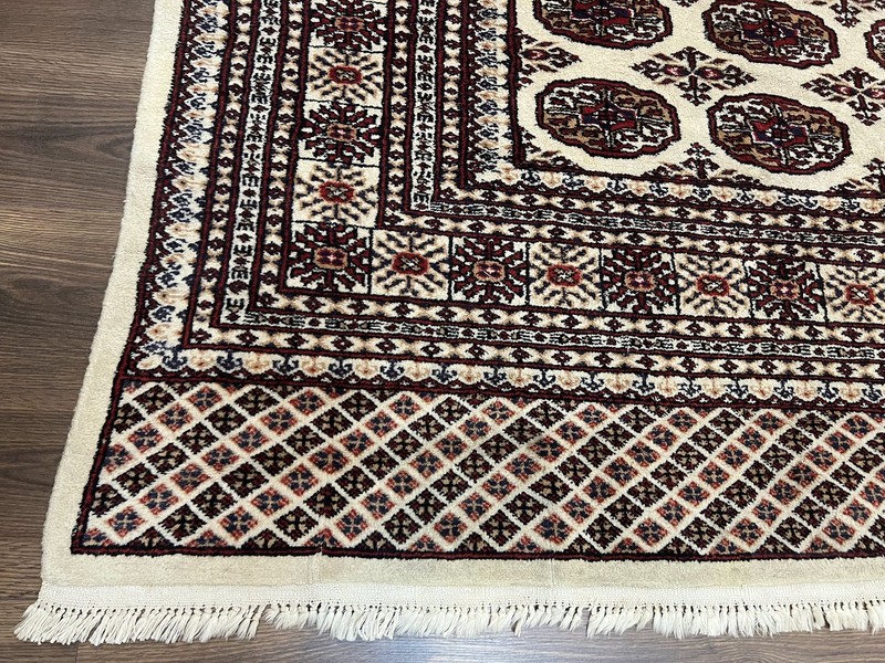 Pakistani Turkoman Rug 6x9 Cream and Red Hand Knotted Wool Oriental Yamud Carpet gallery