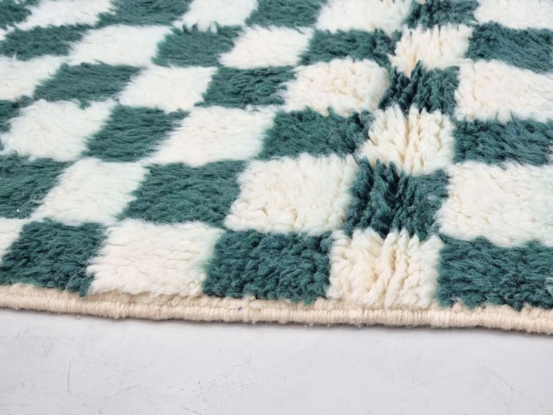 Moroccan Handmade Beni Ourain Rug4'5x3'5 Berber Checkered Green & White Wool Rug gallery