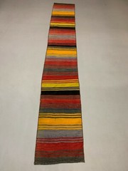 Old Turkish narrow Kilim Runner 322×52 cm, shabby, vintage kelim rug Red, Gold
