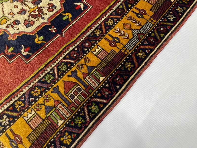Turkish Hand Knotted Wool Rug 4x7 Vintage 1960s Antique Red Gold Medallion Rug gallery
