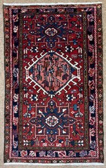 Vintage Karajeh Tribal Wool Hand Knotted Area Rug 3×5 Red Navy Blue Geometric