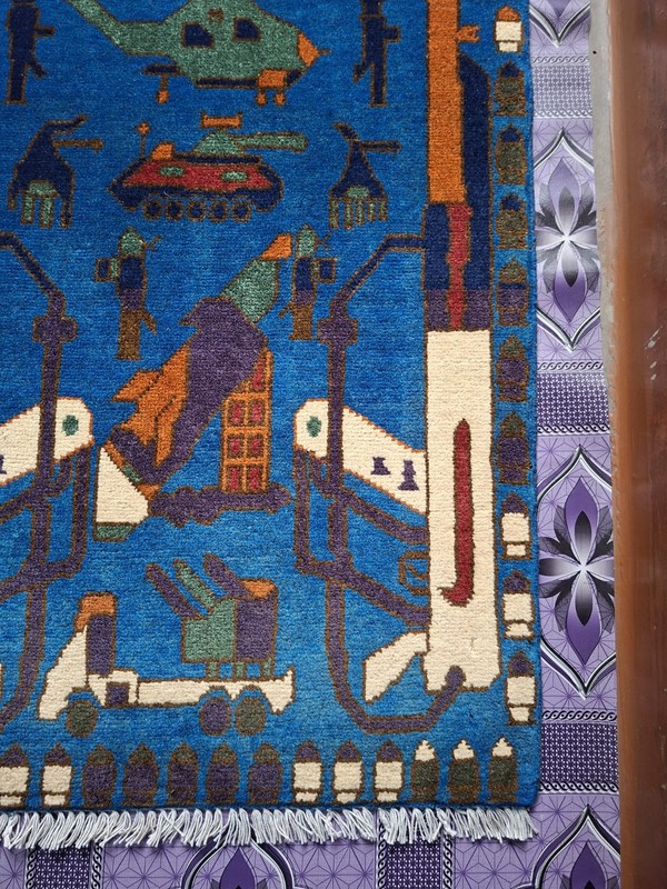 S108 War Rug Handmade Knotted Afghan Tribal Vintage Pictorial 9/11 Rug 86×63 Cm gallery