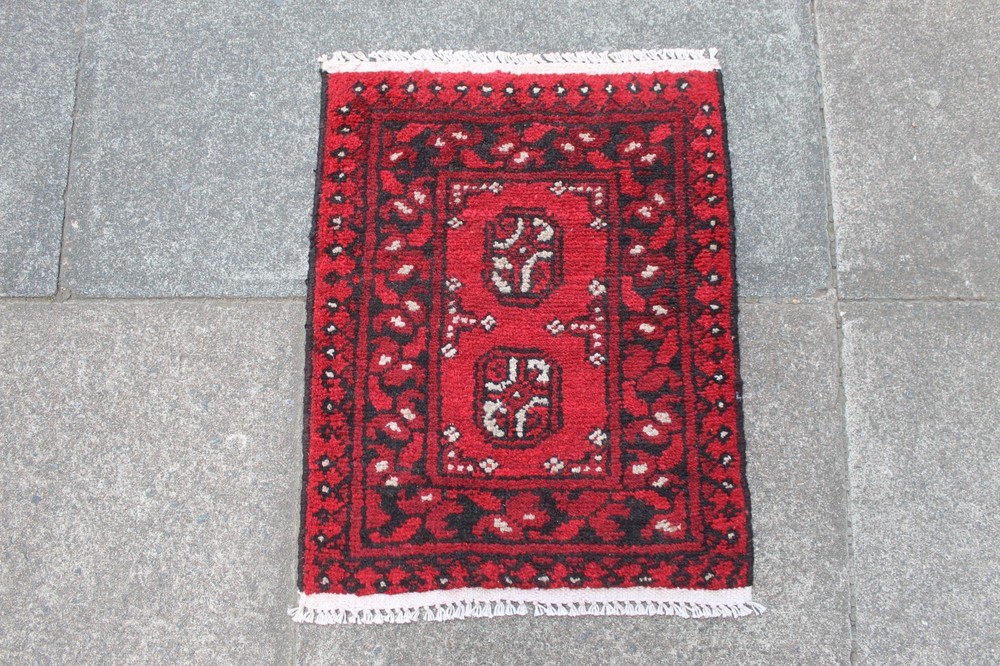 Vintage Hand Made Traditional Rug Oriental Wool Red Small Rug 63x48cm
