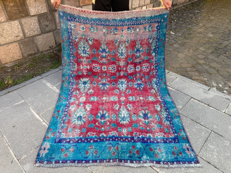 Vintage Turkish Rug 3.8x5.6 Ft Teal Coral Distressed Wool Area Rug Handmade gallery
