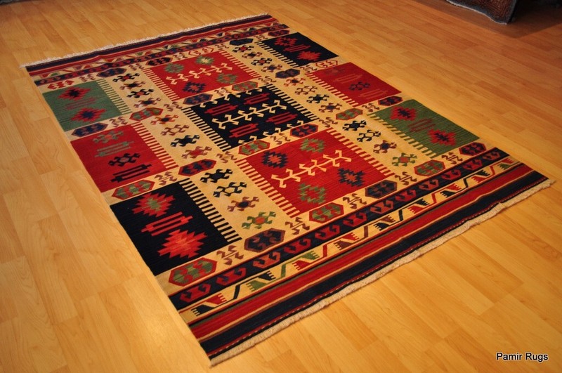 Southwestern Wool ***kilim*** area rug 5x7 handmade red and blue NAVAJO DESIGN gallery