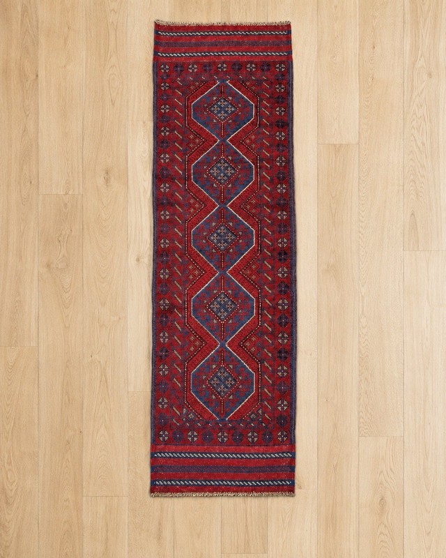 Vintage Afghan Baluchi Wool Runner Rug Hand Knotted Medallion Red Blue 2x8 Feet gallery