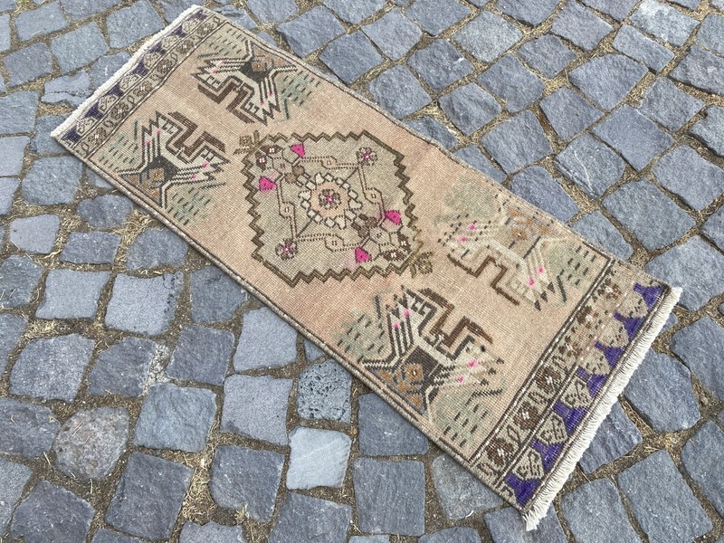 Vintage Turkish Rug, Hand-Knotted Wool, Sand Beige Tribal Small Runner Doormat gallery