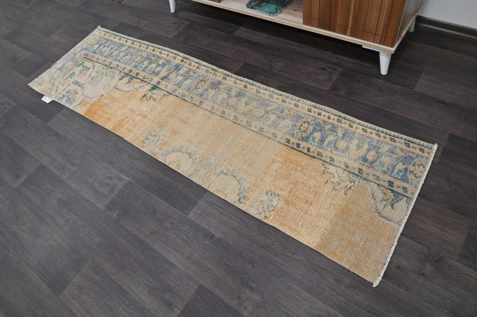 Vintage Turkish Runner Rug 2x7ft YELLOW Handmade Anatolian Oushak Hallway Wool gallery