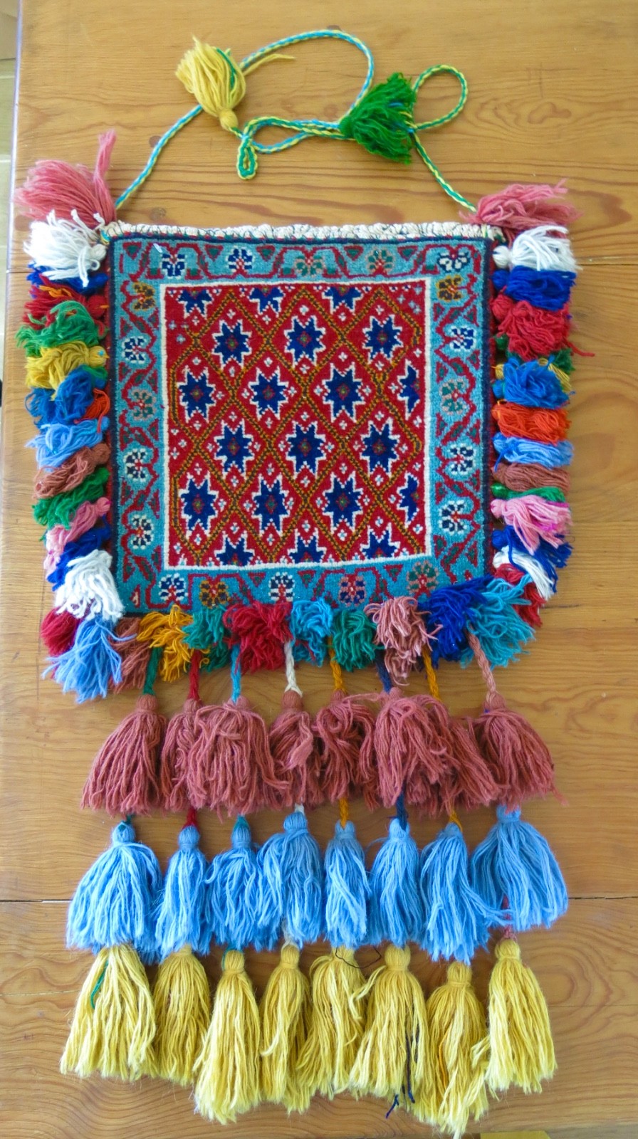 VINTAGE HAND KNOTTED TAPESTRY WOOL CARPET SALT BAG HANGING TASSELS gallery