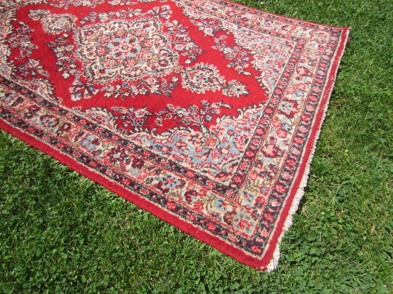 Antique Oriental Wool Hand Woven Rug~Red/Sky/Pink/Navy/Turquoise Green ~5'+x3'+ gallery