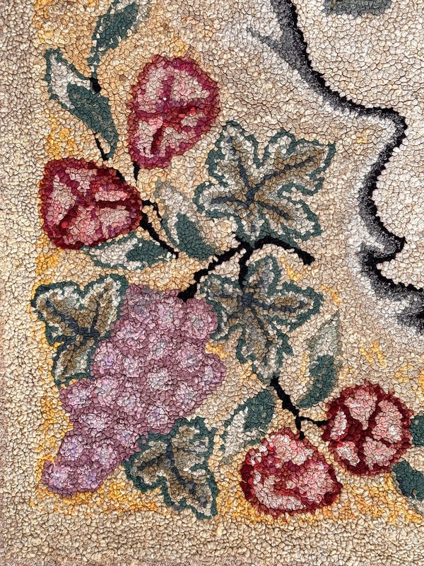 Antique Hooked Rug Grape Clusters Roses. 39x57 gallery