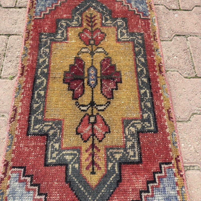 Rust Red 1x3 Turkish Wool Accent Rug With Mustard Medallion - Tariff Free gallery