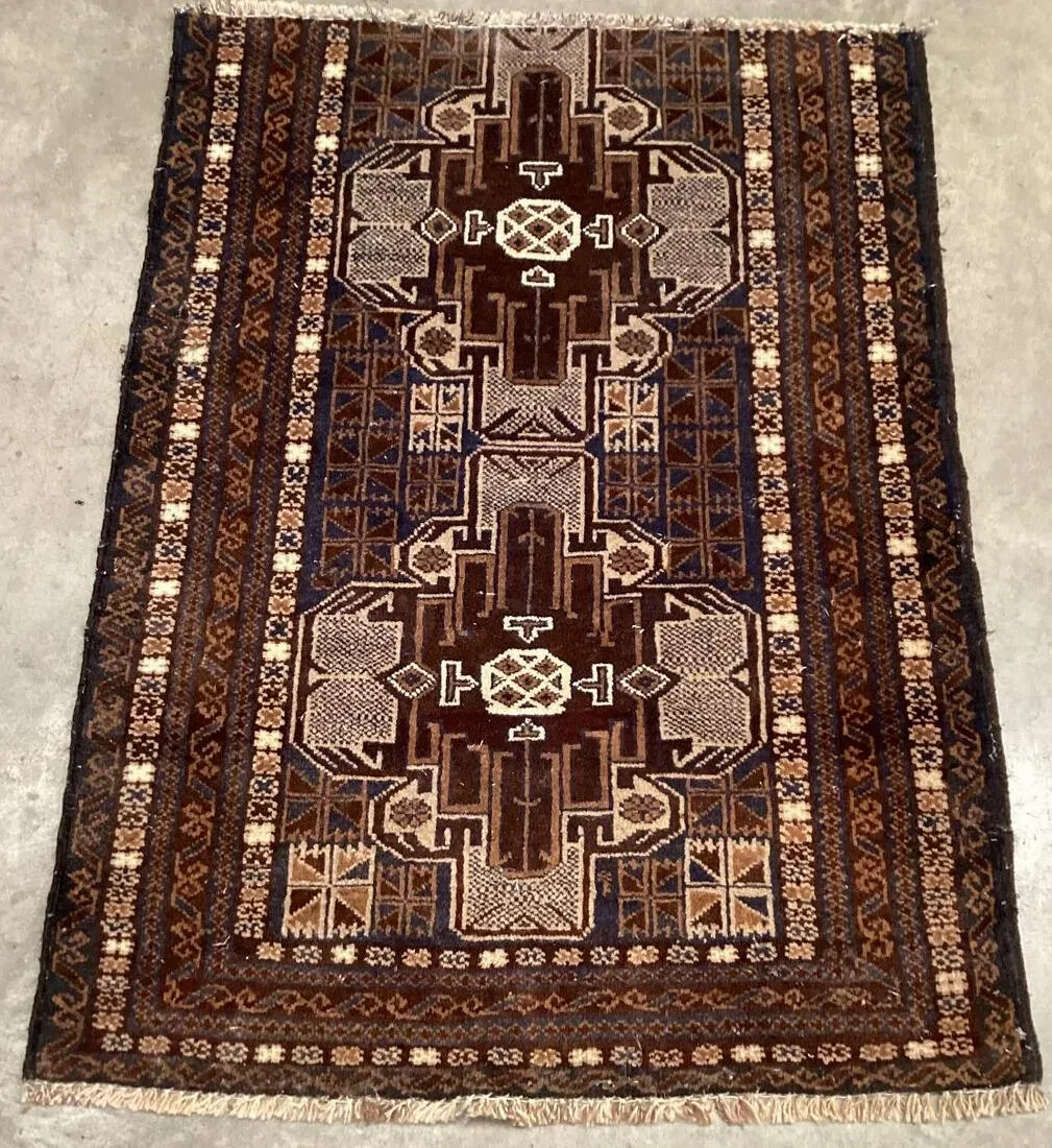 Beautiful Brown, Cream & Cobalt Blue Turkoman Tribal Rug Antique 3' 9" by 2' 10" gallery