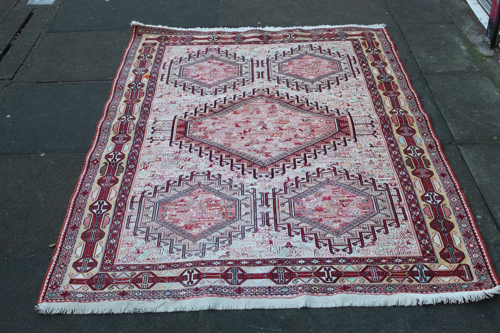 Vintage Traditional Hand Made Oriental White Red Silk Somak Kilim 197x125cm gallery