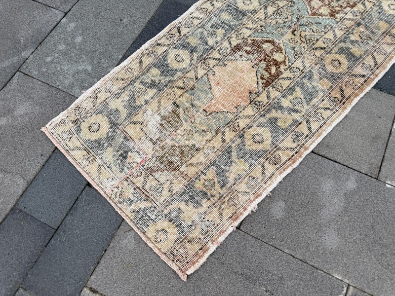 Vintage Turkish Oushak Runner Rug 2.2x12.4 ft Beige Sage Green Hallway Rug gallery