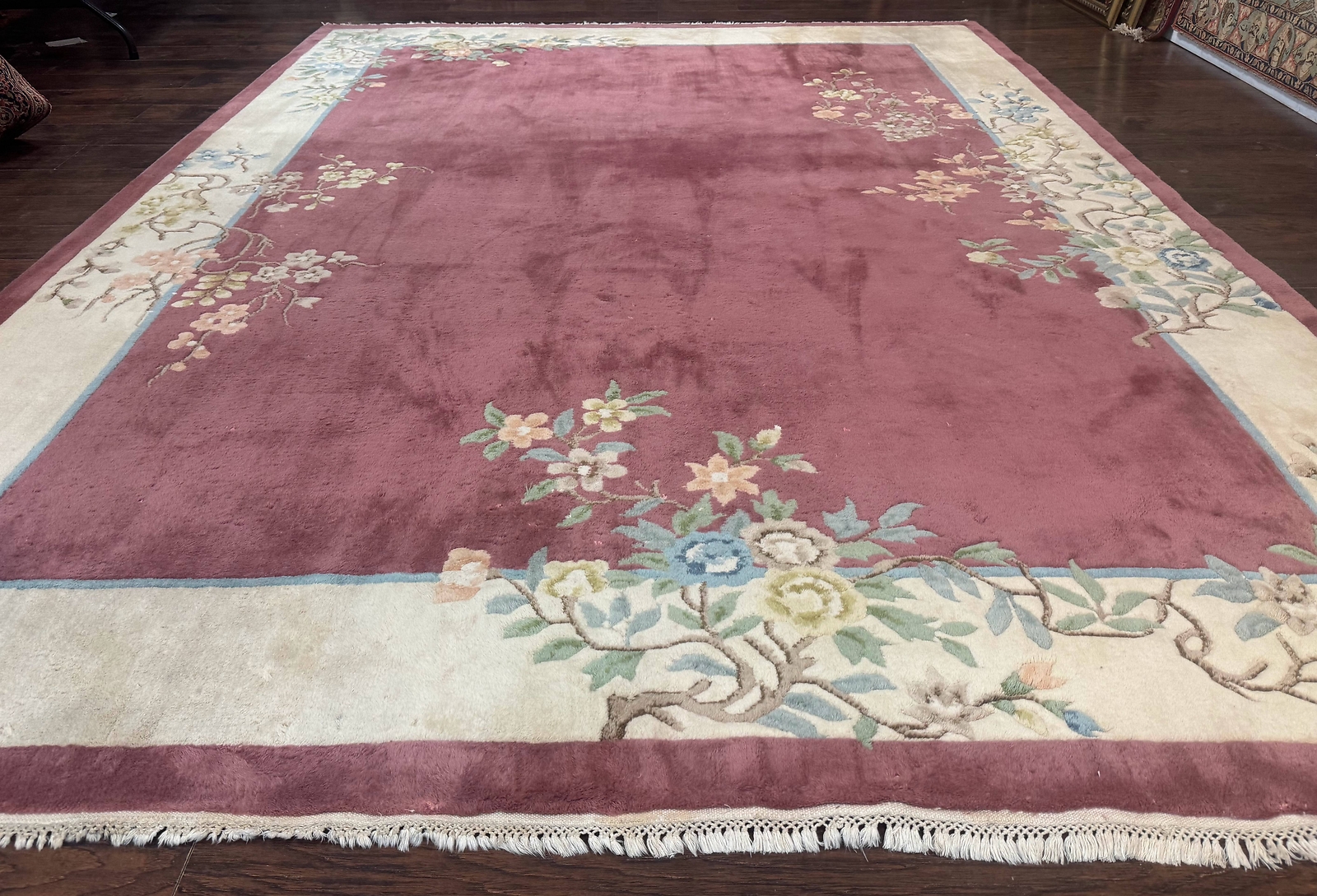 Indo Chinese Art Deco Rug 9x12, Pink and Ivory, Open Filed, Floral, Wool gallery