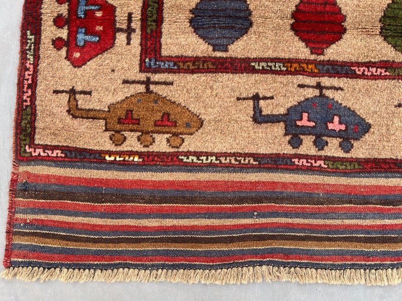 Beige 4x6 Afghan War Rug Hand Knotted Wool Vintage Pictorial Tribal Office Rug gallery