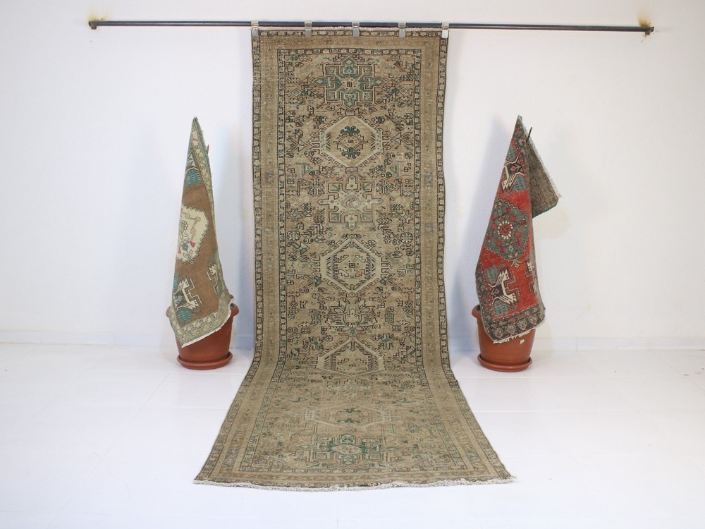 Vintage Hand Knotted Wide Runner Rug Beige Distressed Oushak Style 3.5x10.3 ft
