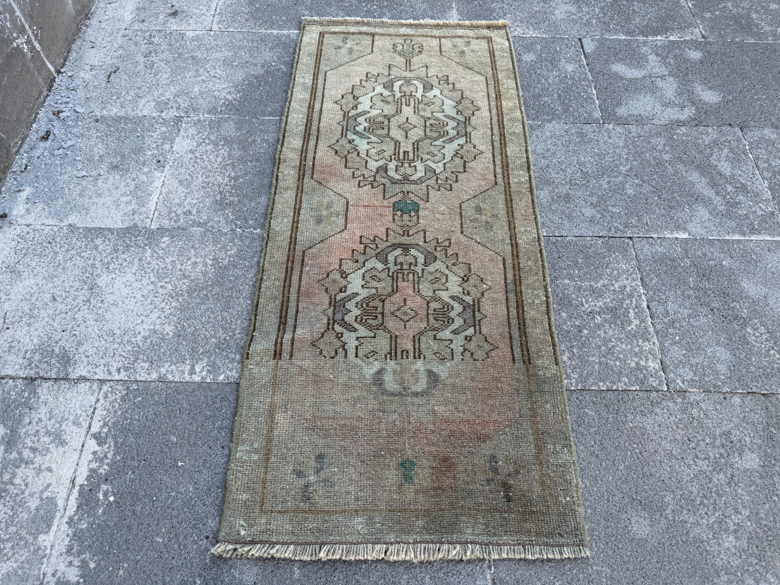 One of a Kind Turkish Rug 1.6x3.9 Ft Handmade Wool Vintage Green Accent Rug gallery