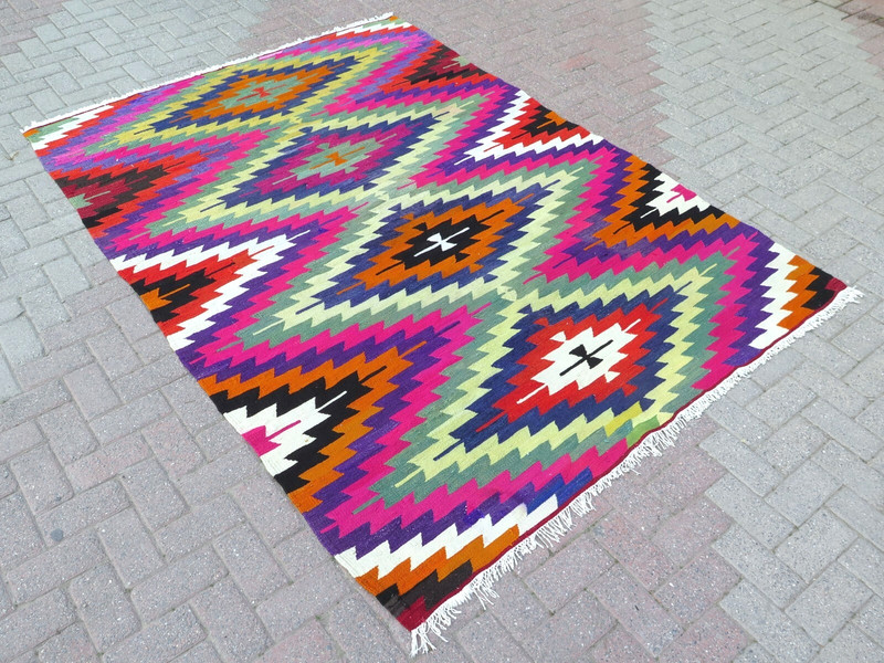 Area Rugs, Turkish Kilim Wool Rug, Multicolor Carpet, Large Teppich Tapi 70"x98" gallery